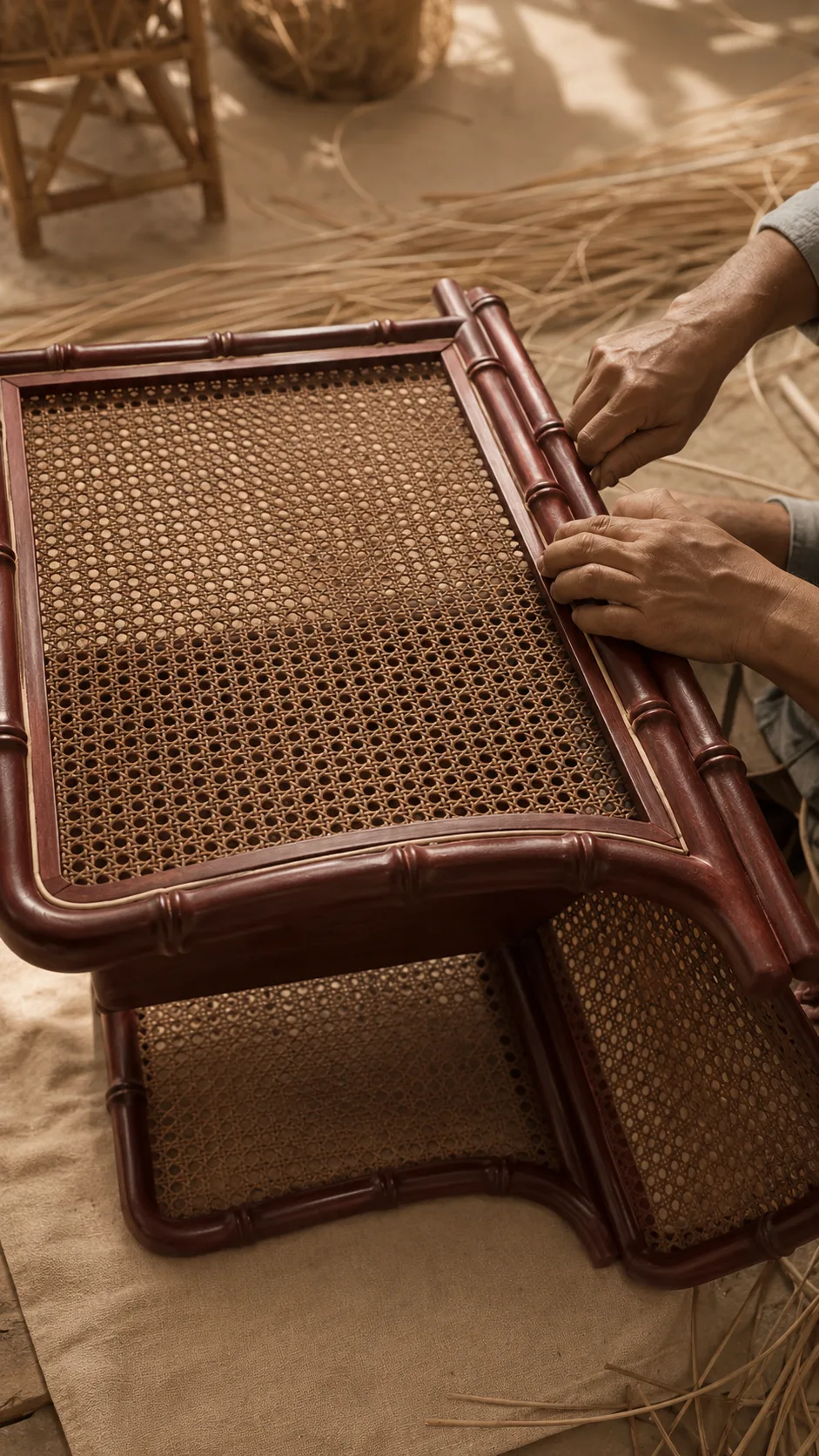 Artigiano che rifinisce a mano un pezzo in rattan intrecciato in laboratorio